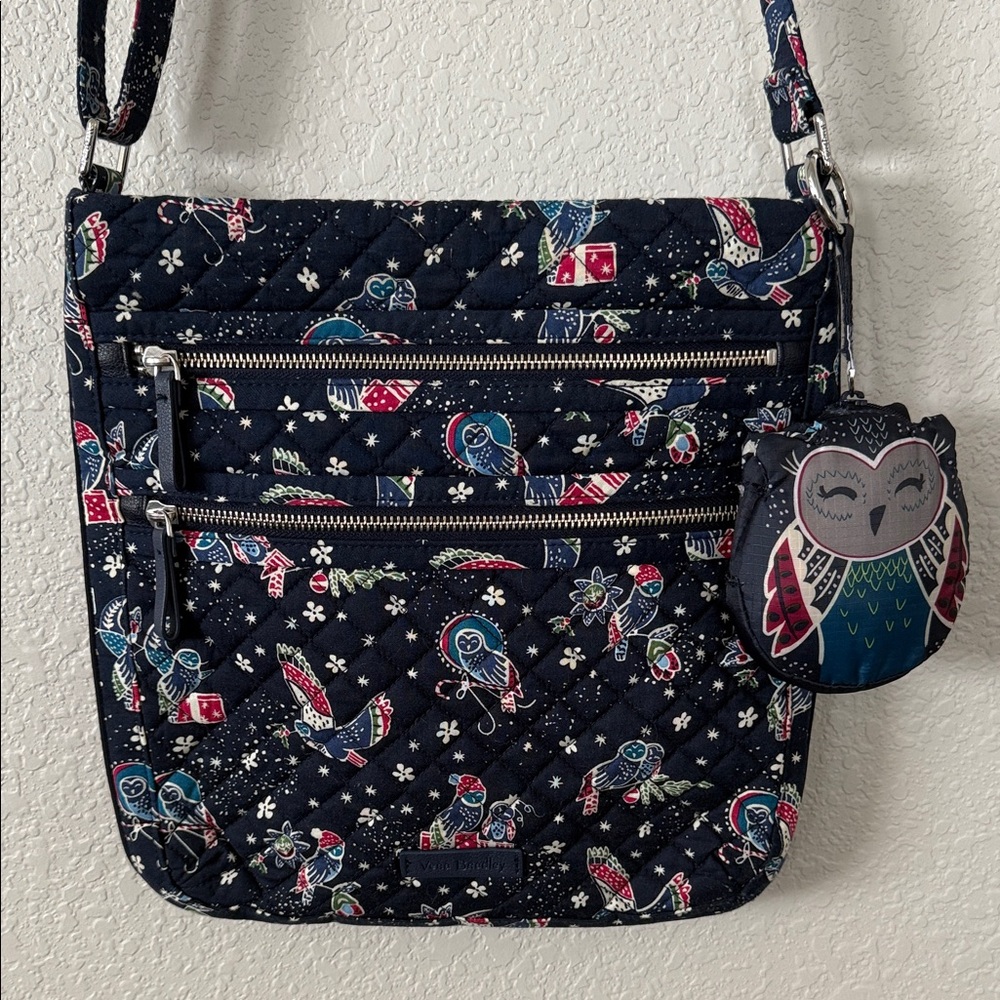 Vera Bradley Holiday Owls Triple Zip Hipster Crossbody Bag Navy